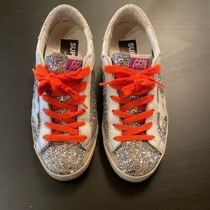 Super-Star Golden Goose Sneakers, Leather, Glitter w/ White Star, Orange